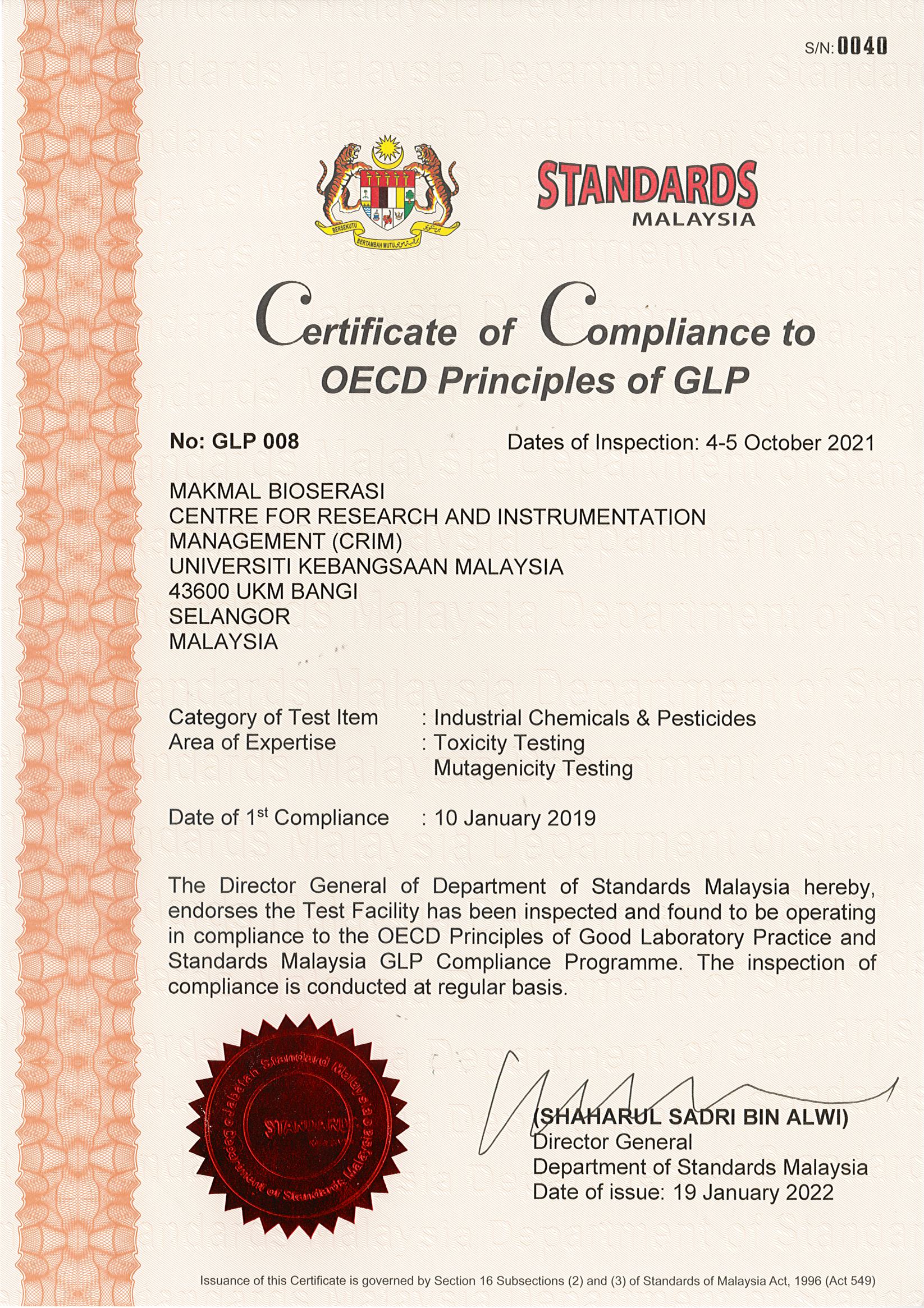 DSM OECD GLP certificate issued 19 Jan 2022'