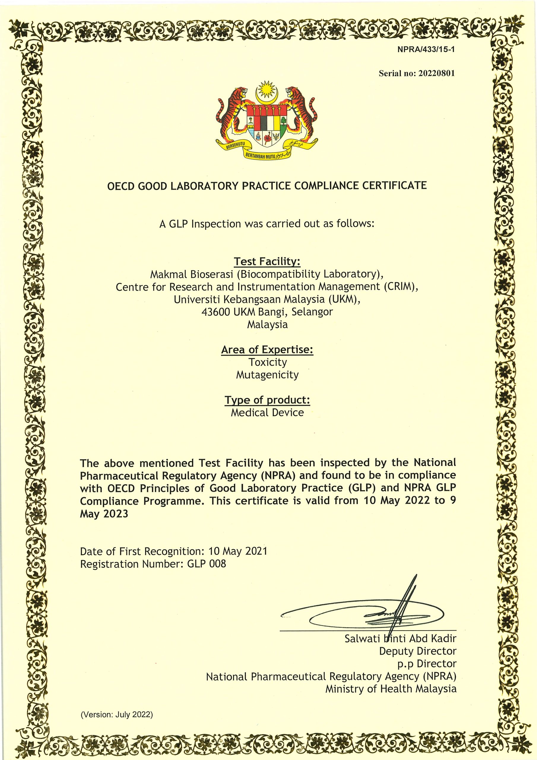 NPRA-433-15-1 GLP Certificate 12.08.2022 Makmal Bioserasi
