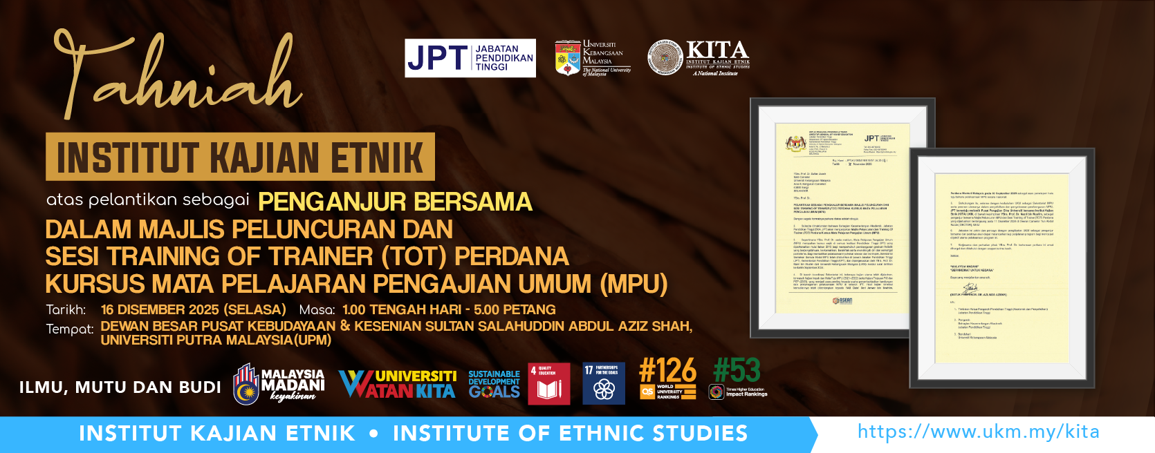 Tahniah pelantikan KITA sebagai penganjur bersama Sesi Training of Trainer (ToT) Perdana Kursus Mata Pelajaran Pengajian Umum (MPU), 28 November 2025