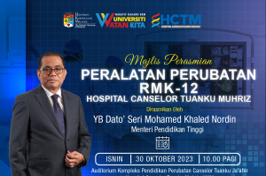 Majlis Perasmian Peralatan Perubatan RMK-12 Hospital Canselor Tuanku Muhriz, UKM telh diadakan pada 30 Oktober 2023 di Auditorium Kompleks Pendidikan Perubatan Canselor Tuanku Ja’afar, HCTM. Majlis telah disempurnakan oleh wakil Menteri Pengajian Tinggi Malaysia, YBhg. Datuk Dr. Mohd Zabri Yusoff, Timbalan Ketua Setiausaha (Pengurusan & Pembangunan) Kementerian Pendidikan Tinggi. Majlis ini diadakan sebagai tanda penghargaan kepada pihak Kementerian Pendidikan Tinggi dalam penyaluran peruntukan RMK-12 bagi meningkatkan fasiliti perawatan kesihatan di HCTM. Dua buah peralatan perubatan tersebut adalah Sistem Angiografi dan Sistem Fluoroskopi yang merupakan peralatan perubatan menggunakan teknologi Kecerdasan Buatan [Artificial Intelligence (AI)] dengan peruntukan bernilai RM9.2 juta. Teknologi AI merupakan teknologi terkini yang dimanfaatkan dalam pelbagai peralatan perubatan seperti Angiografi, Fluoroskopi, Magnetic Resonance Imaging (MRI), X-ray dan sebagainya digunakan untuk proses diagnosis perawatan supaya lebih cepat, efisien dan tepat. Prof. Dato’ Gs. Ts. Dr. Mohd Ekhwan dalam ucapannya, berterima kasih kepada pihak Kementerian Pendidikan Tinggi yang sentiasa cakna dan mengambil berat mengenai pembangunan fasiliti secara khususnya di setiap Hospital Pengajar Universiti (HPU) termasuk di HCTM. Beliau berharap dengan adanya peralatan terkini ini HCTM terus menjadi pusat rujukan utama dalam menyediakan perkhidmatan kesihatan yang berkualiti tinggi kepada masyarakat dan negara. Hadir dalam majlis perasmian adalah YBhg. Prof. Dato’ Dr. Hanafiah Harunarashid, Pro Naib Canselor Kampus Kuala Lumpur, YBhg. Prof. Dato’ Dr. Razman Jarmin, Pengarah HCTM, Pengarah-pengarah Hospital Pengajar Universiti, Timbalan-timbalan Pengarah, Ketua-ketua Jabatan dan UKM.