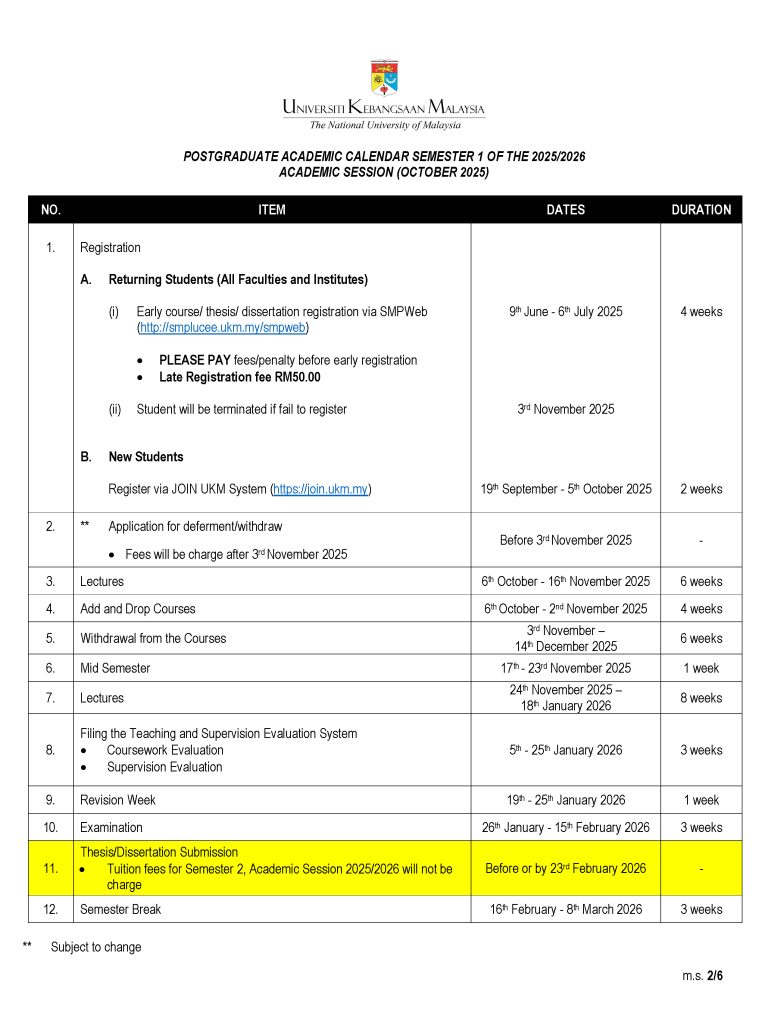 Academic Calendar Semester 1 Session 2025/2026 Secretariat of